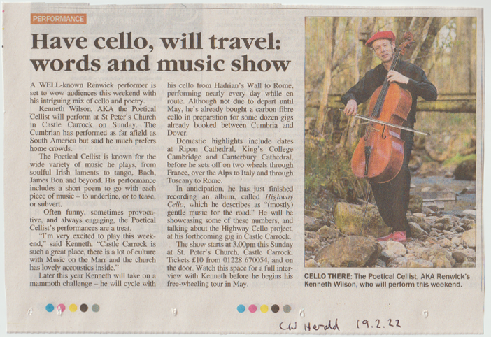 Have Cello, Will Travel - from the CW Herald, 19th February 2022